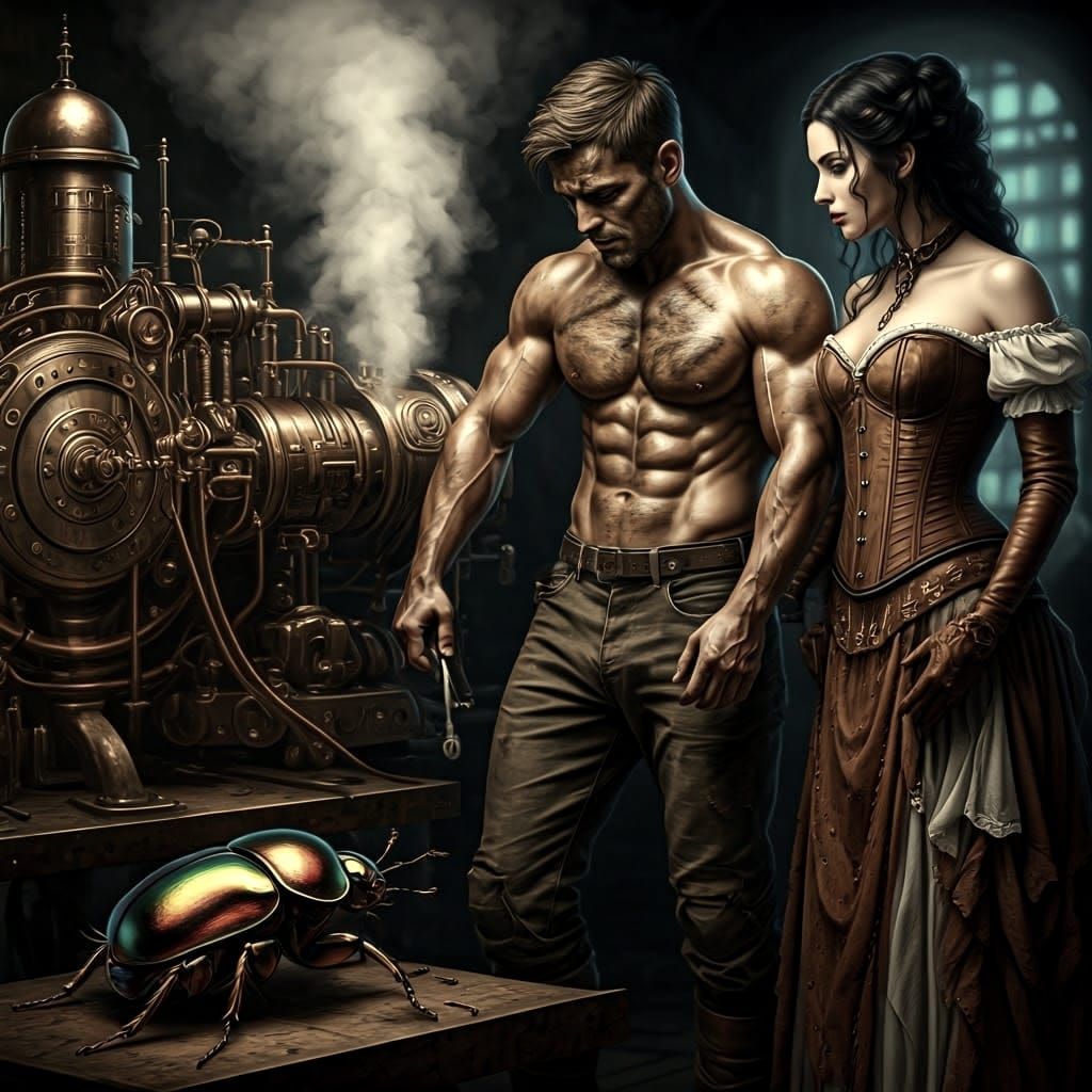 Surreal Steampunk Inventor Works Amidst Cogwheels and Oil