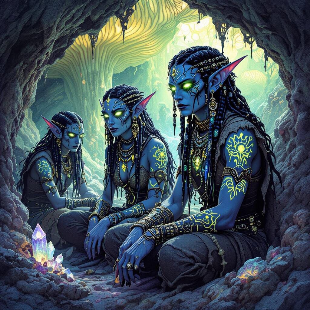 Dark Elves in Bioluminescent Mushroom Cave