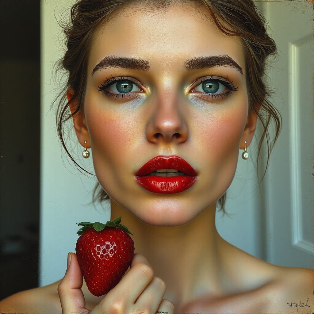 Woman's Red Lips Holding Strawberry, Dreamy Realism Style