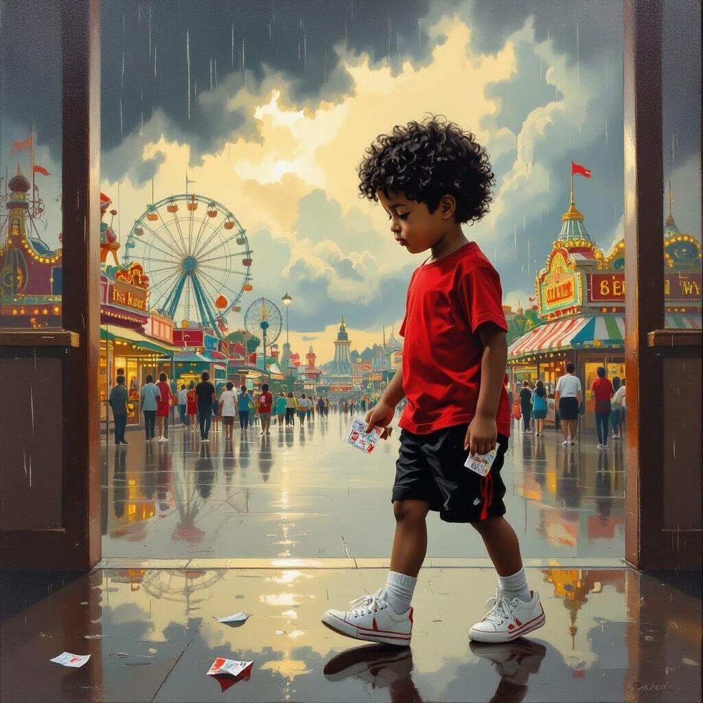 Boy in Rainy Amusement Park, Dali Style