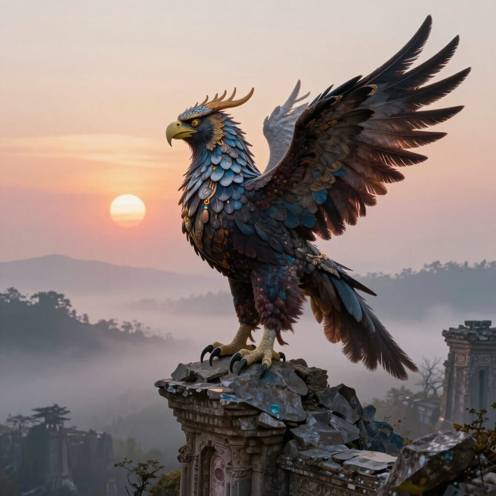 Majestic Griffin on Ruin Overlooking Misty Valley