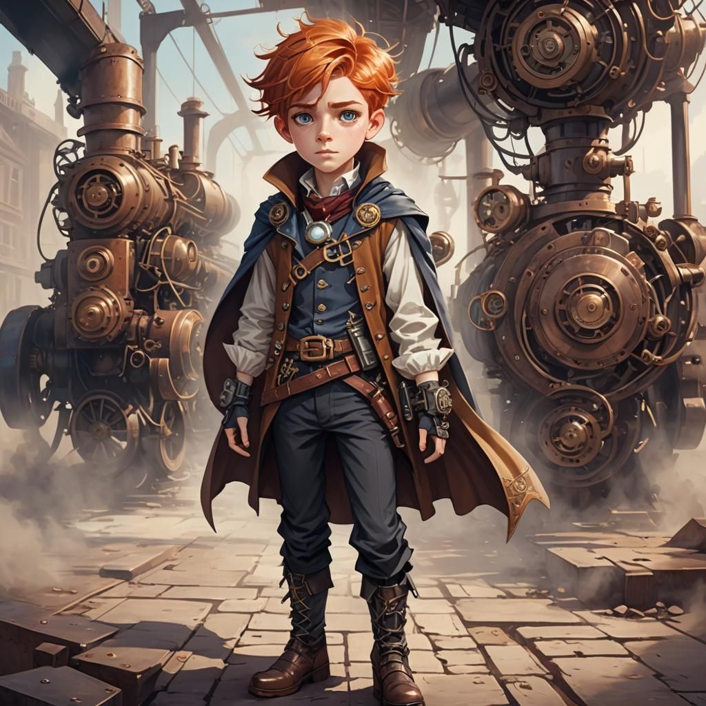 Teenage Boy with Steampunk Engine in Digital Art