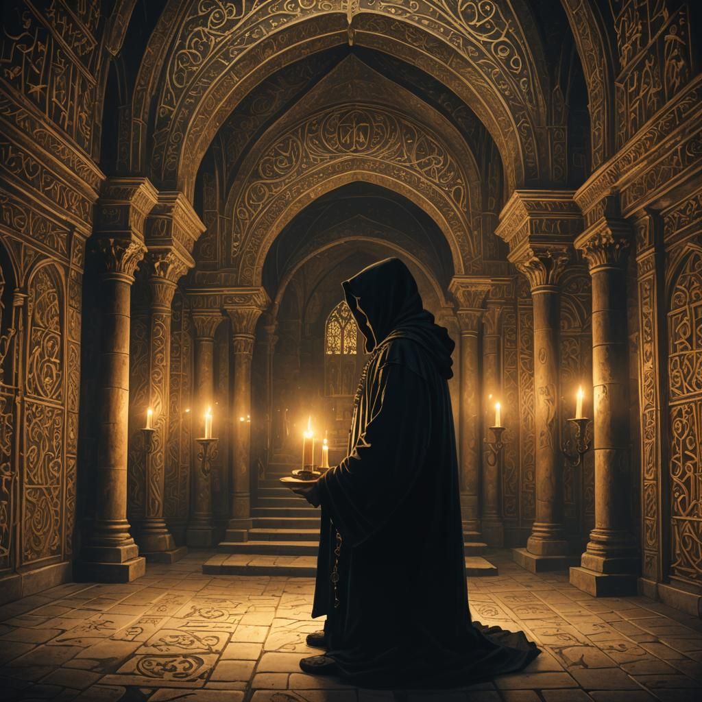 Mysterious Hooded Figure in Gothic Chamber