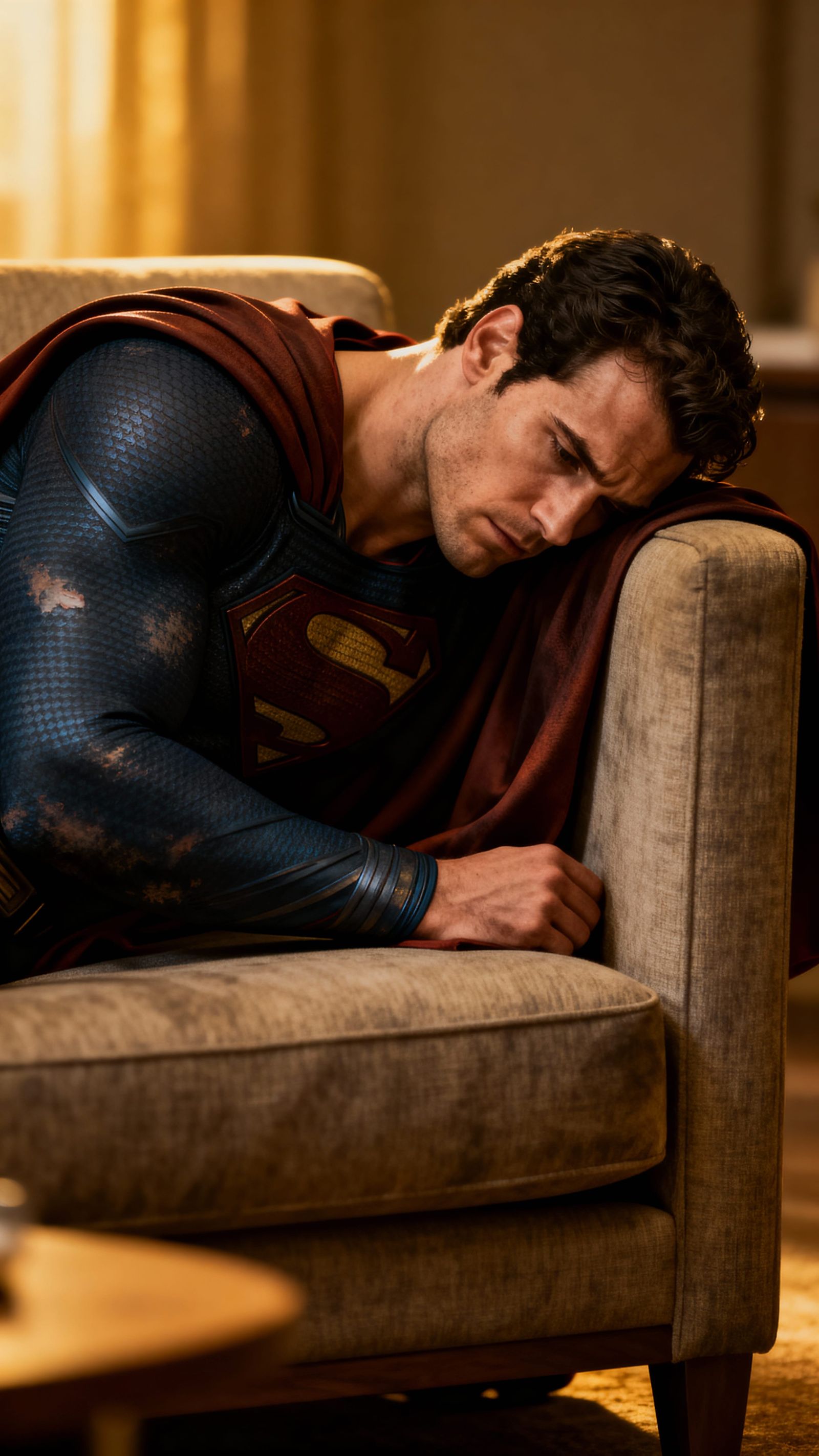 Superman Exhausted on Therapy Couch, Cinematic Style