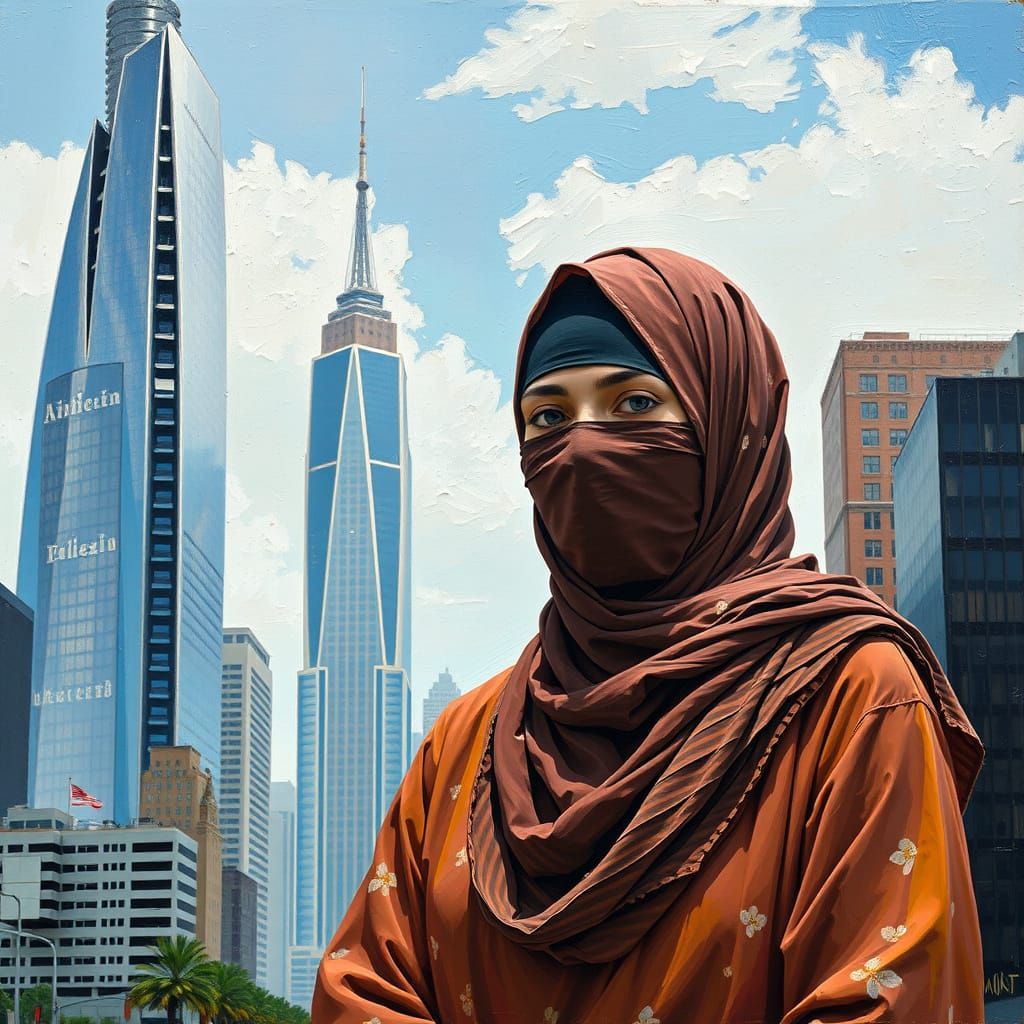 Niqabi Woman in Cityscape, Expressive Oil-Guache Style