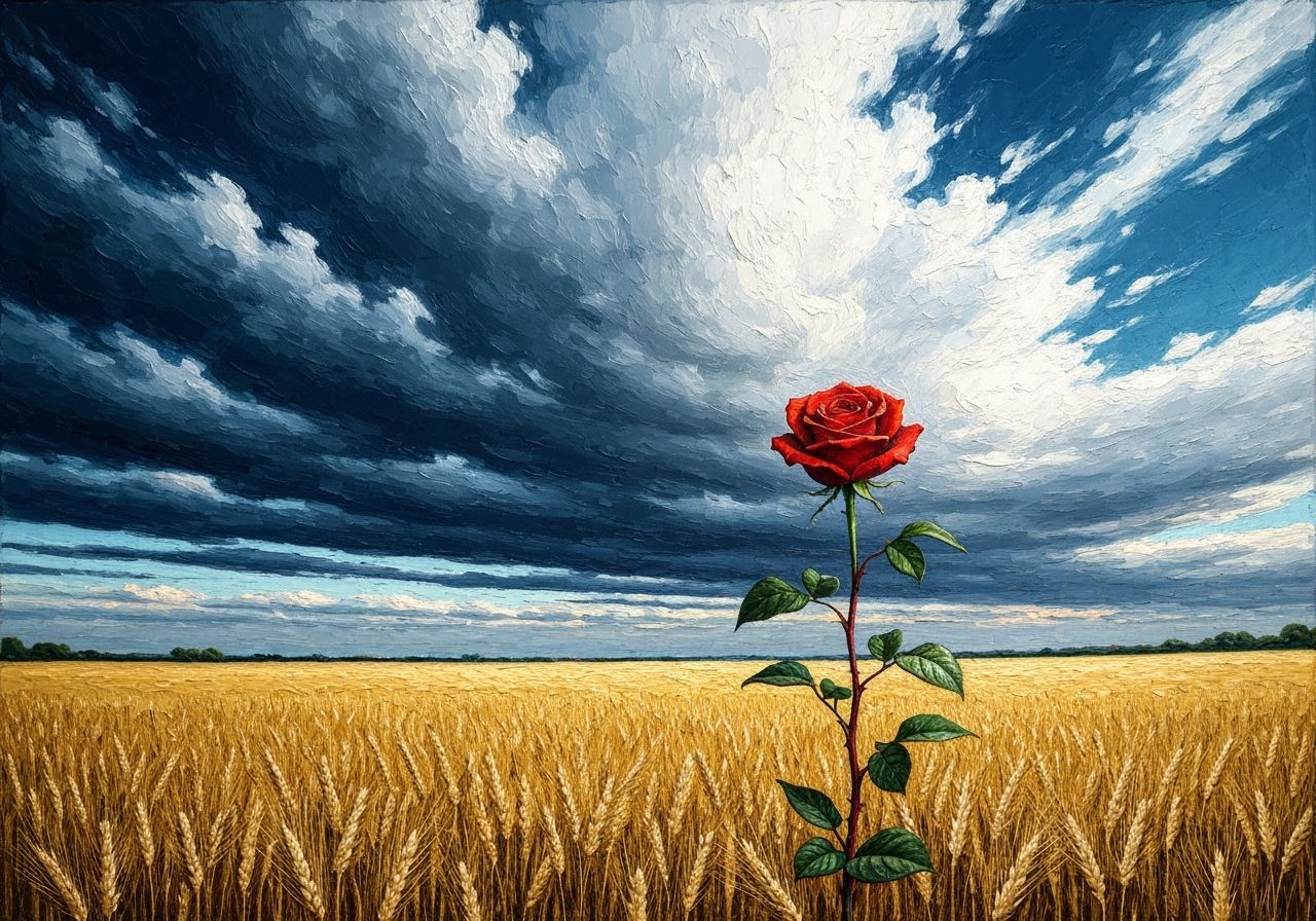 Red Rose in Wheat Field: An Oil Painting