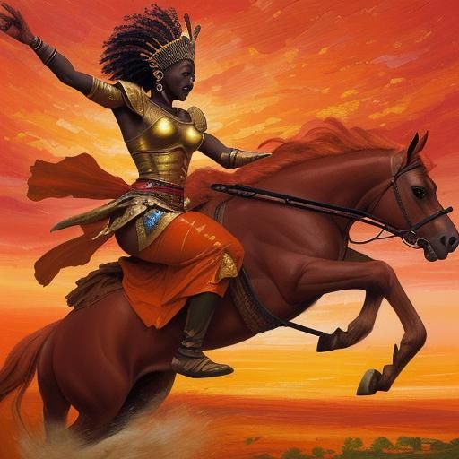 African Queen Warrior on Stallion, Neo-Impressionist Oil Pai...