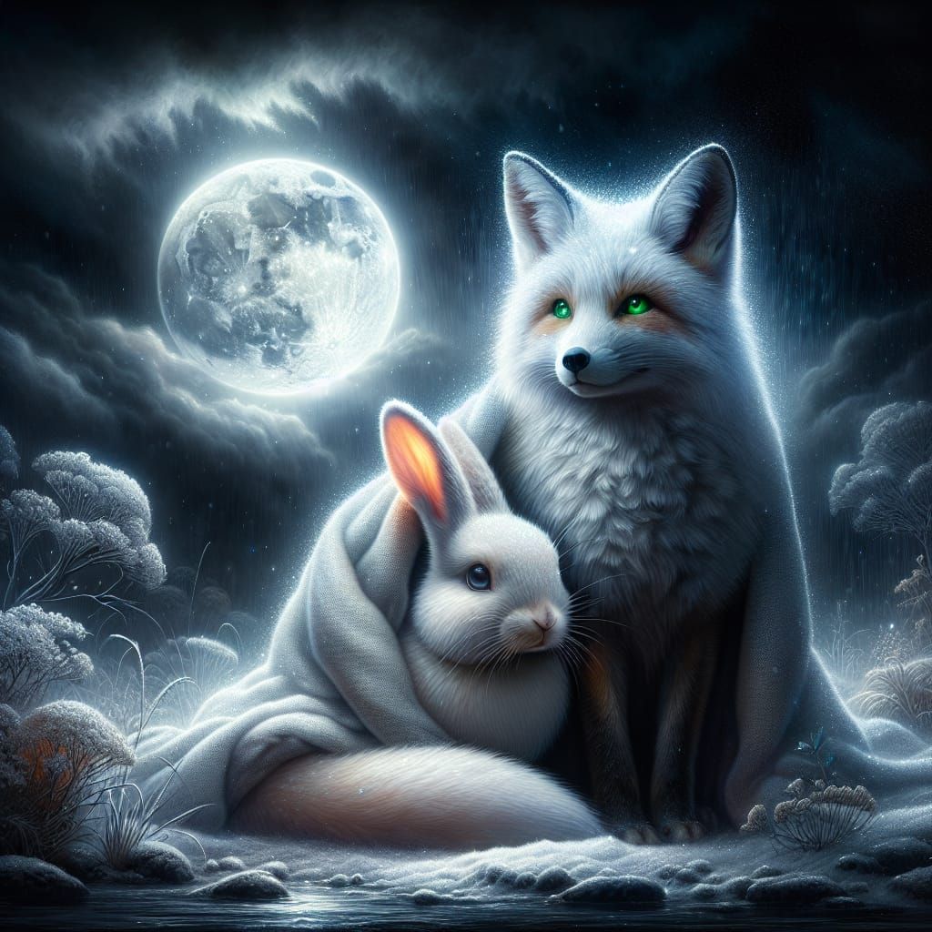 Charming Bunny and Fox Snuggled in Blizzard