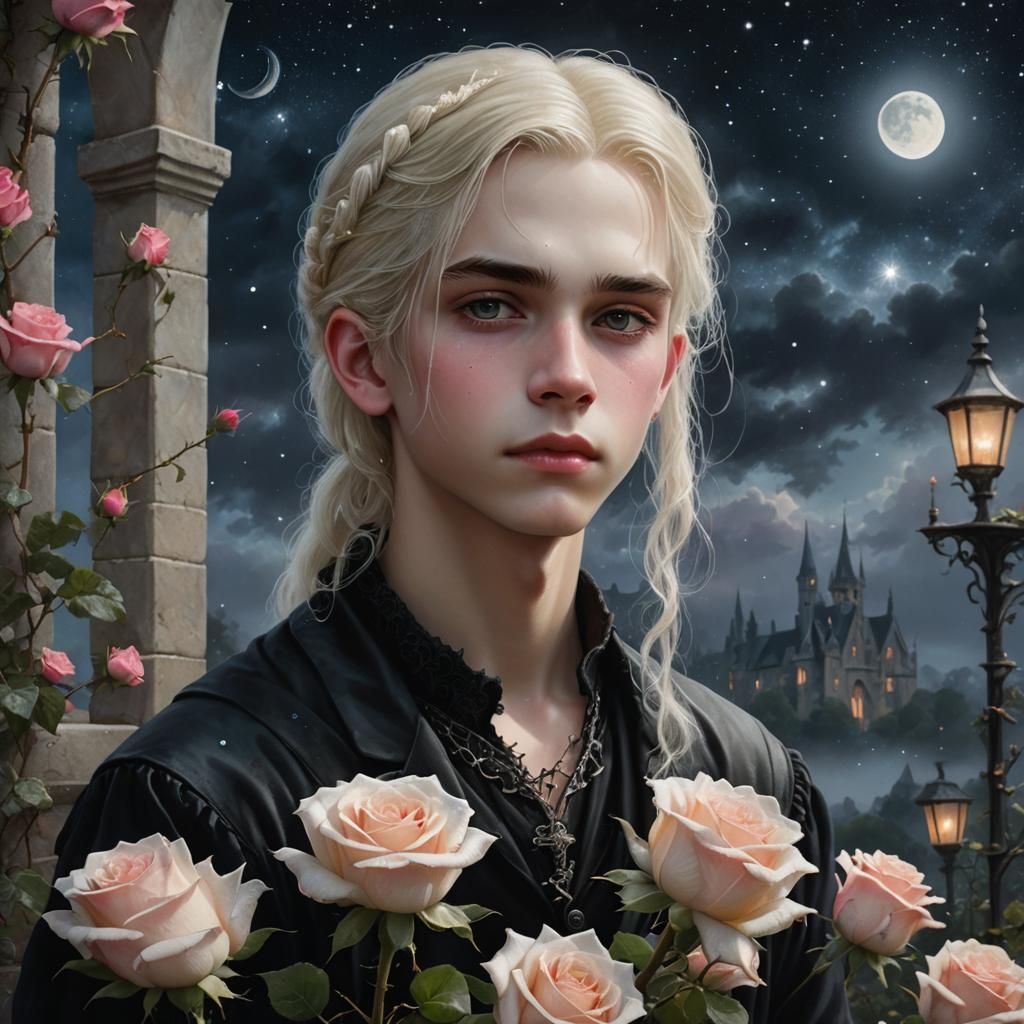 Gothic Boy Under Rose: Ethereal Victorian Macro Photo
