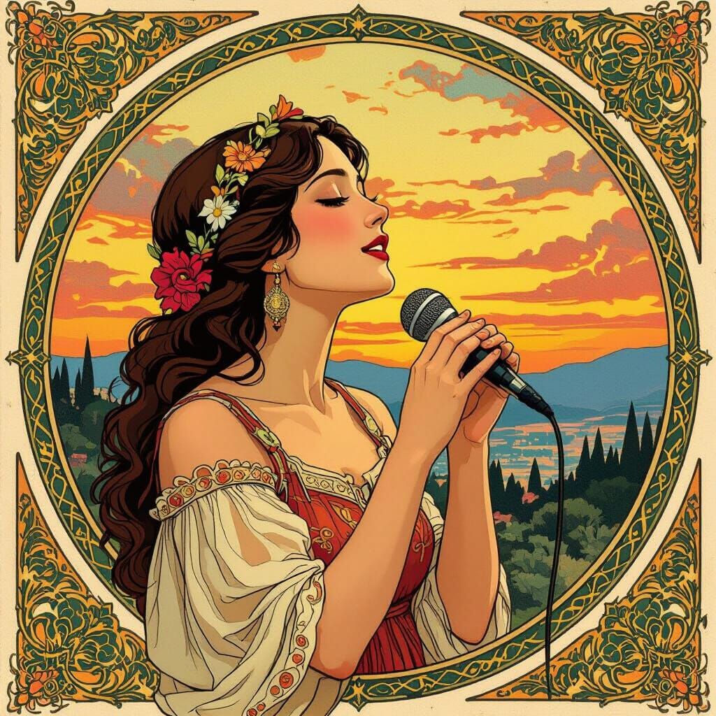 Woman Singing in Art Nouveau Style
