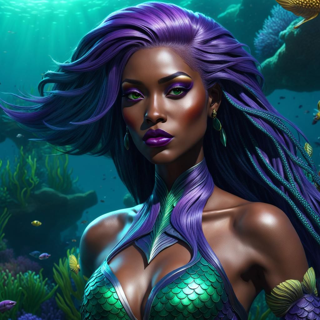 Mermaid with African Features in Detailed Undersea Scene