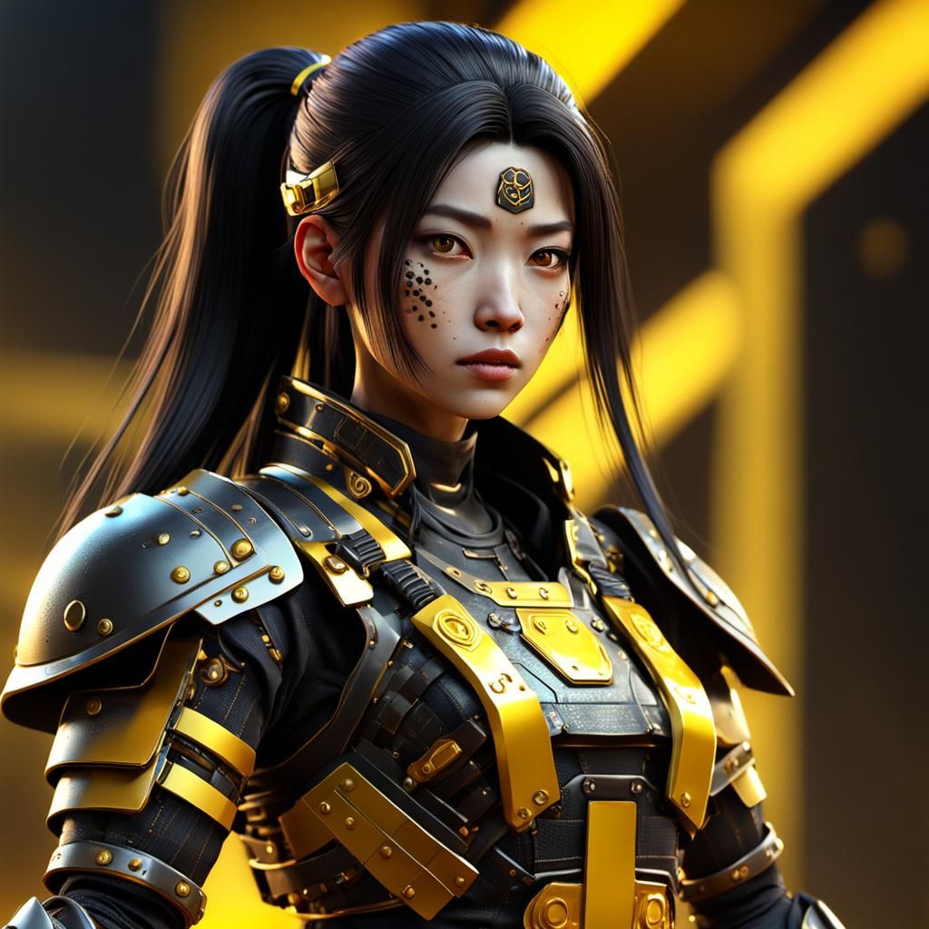 Realistic 3D Cybernetic Samurai Ninja in Yellow and Black