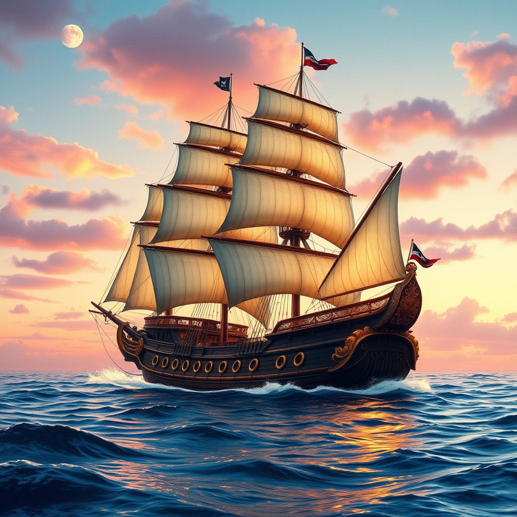 Pirate Ship on Mediterranean Seascape at Dusk