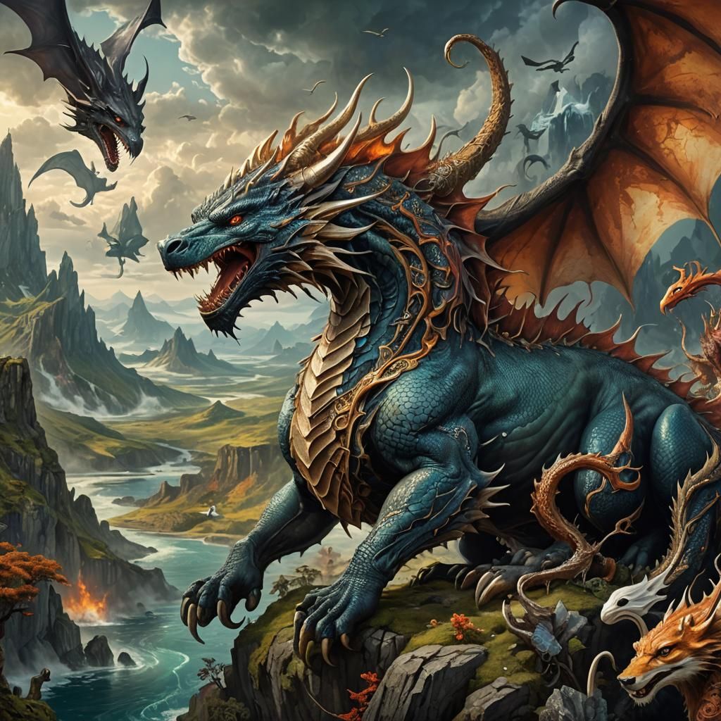 Hybrid Dragon-Wolf Creature in a Fantasy Landscape