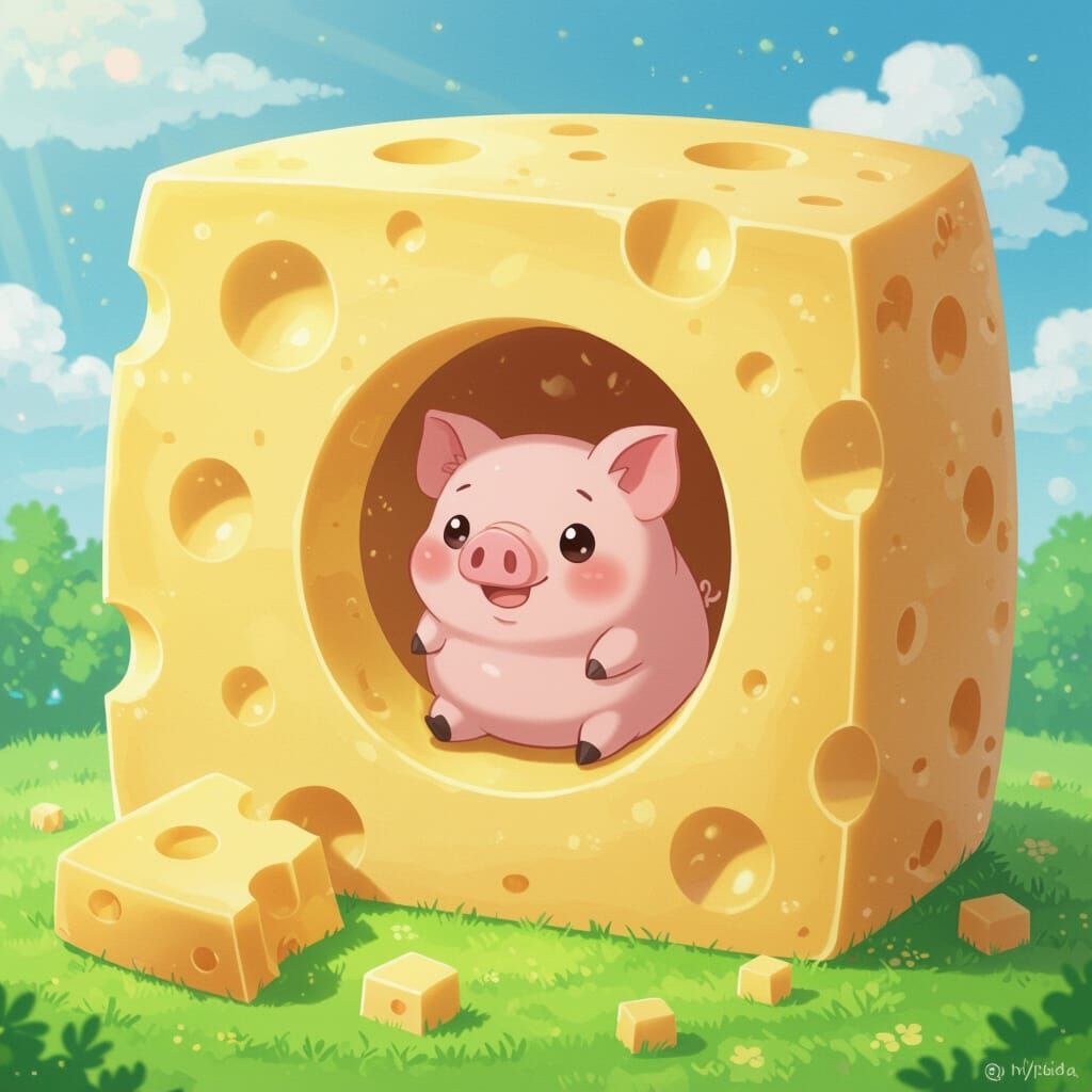 Chibi Pig Baking Inside Giant Swiss Cheese Block