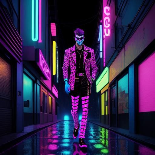 Neon Synthwave Man with Rainbow Leopard Print