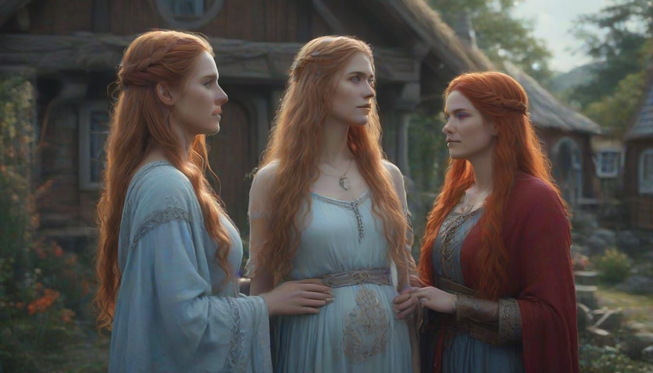 Freya Watches Over Her Sister in a Norse Village