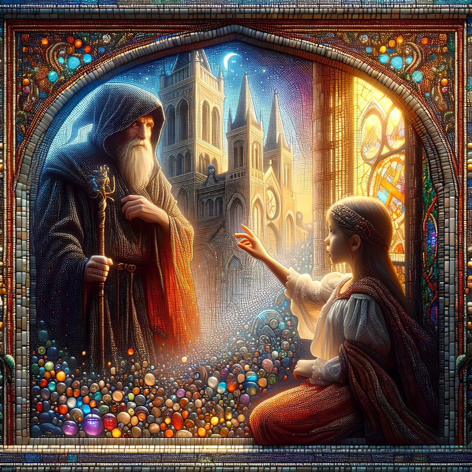 Girl and Wizard in Gothic Cathedral: Digital Art Nouveau