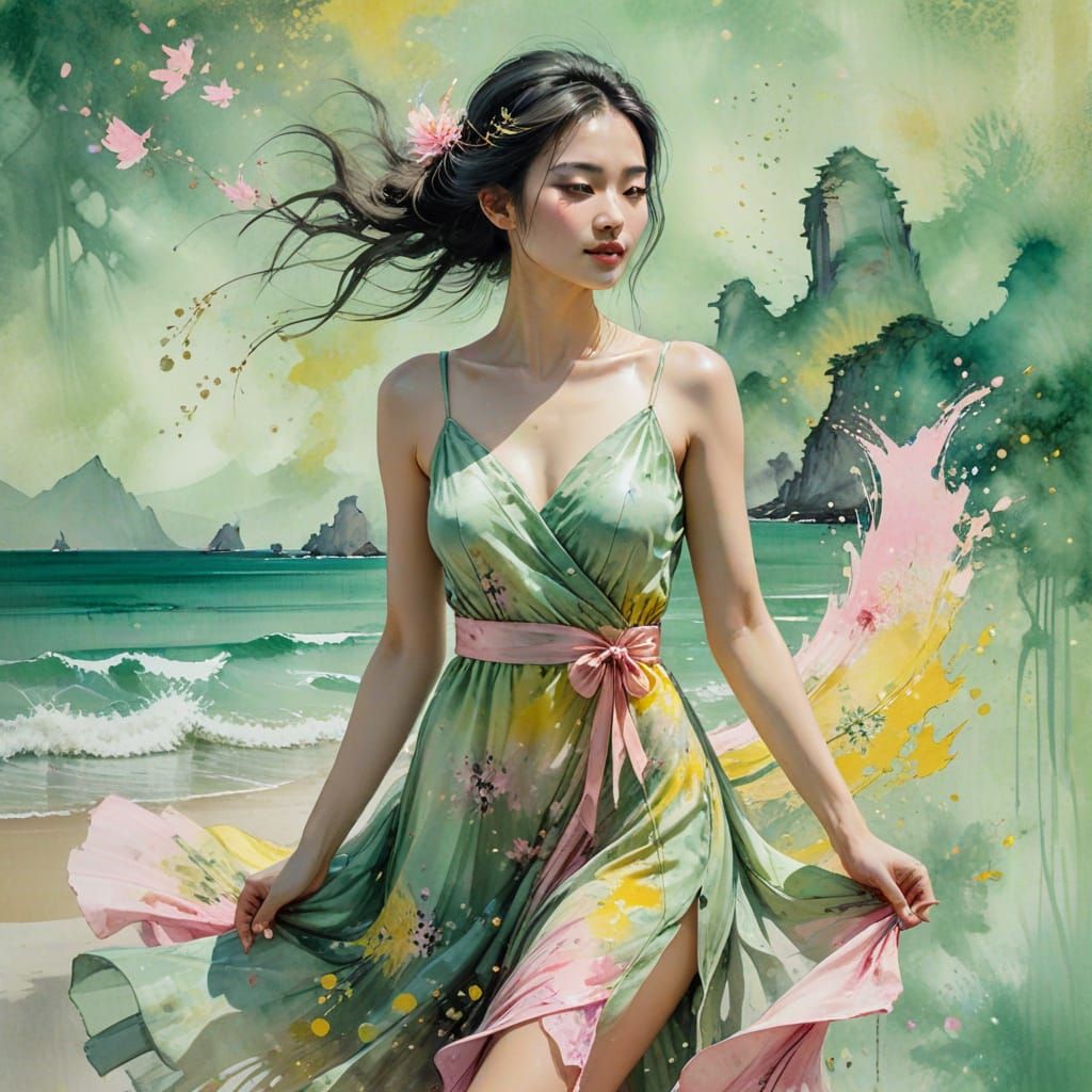 Beautiful Woman in Fantasy Dress: Chinese Ink Painting