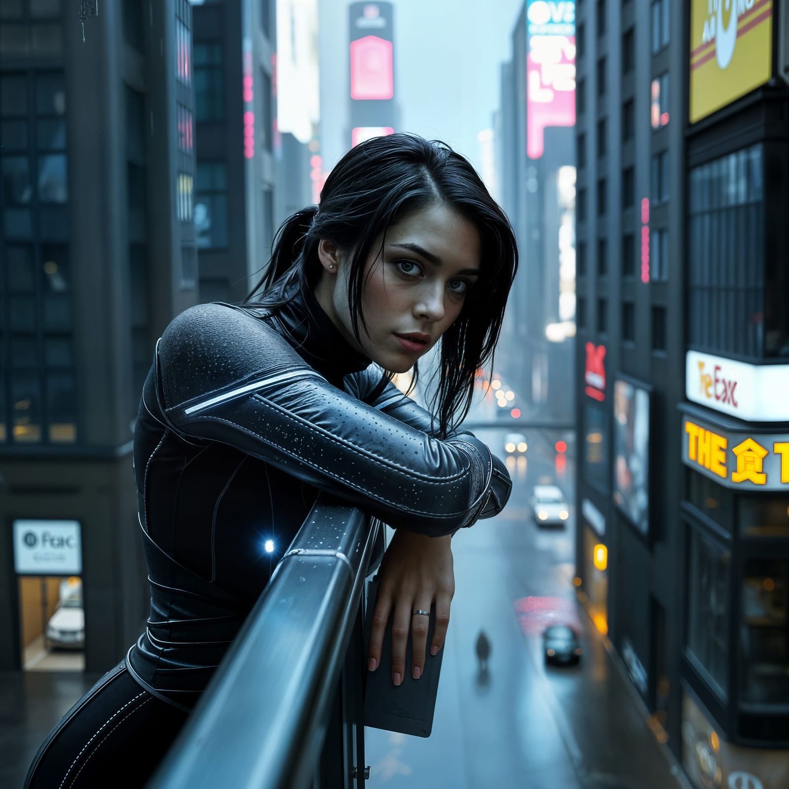Cyberpunk Woman in Rainy Dystopian Metropolis
