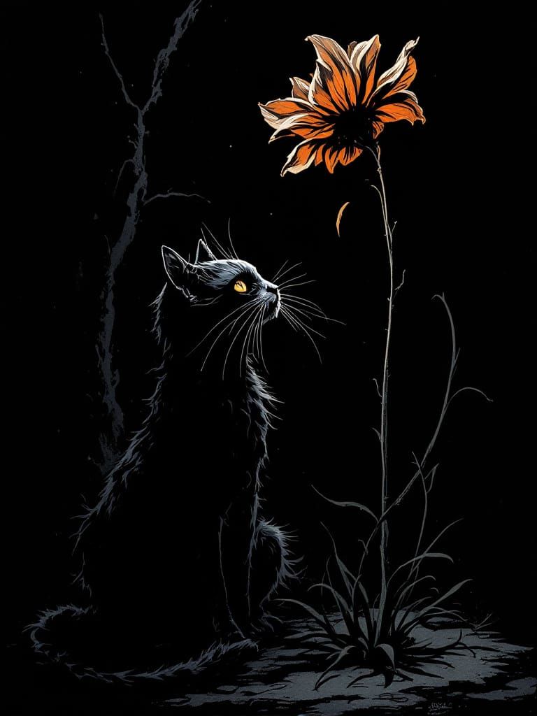 Gothic Cat Beneath Moonlit Flower in Dramatic Style