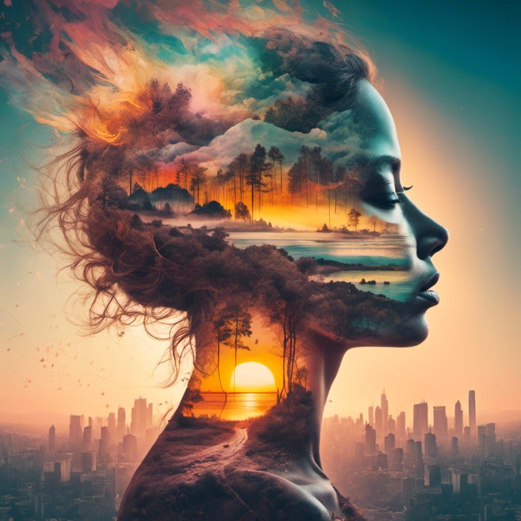 Double Exposure Art: Happiness and Sunset