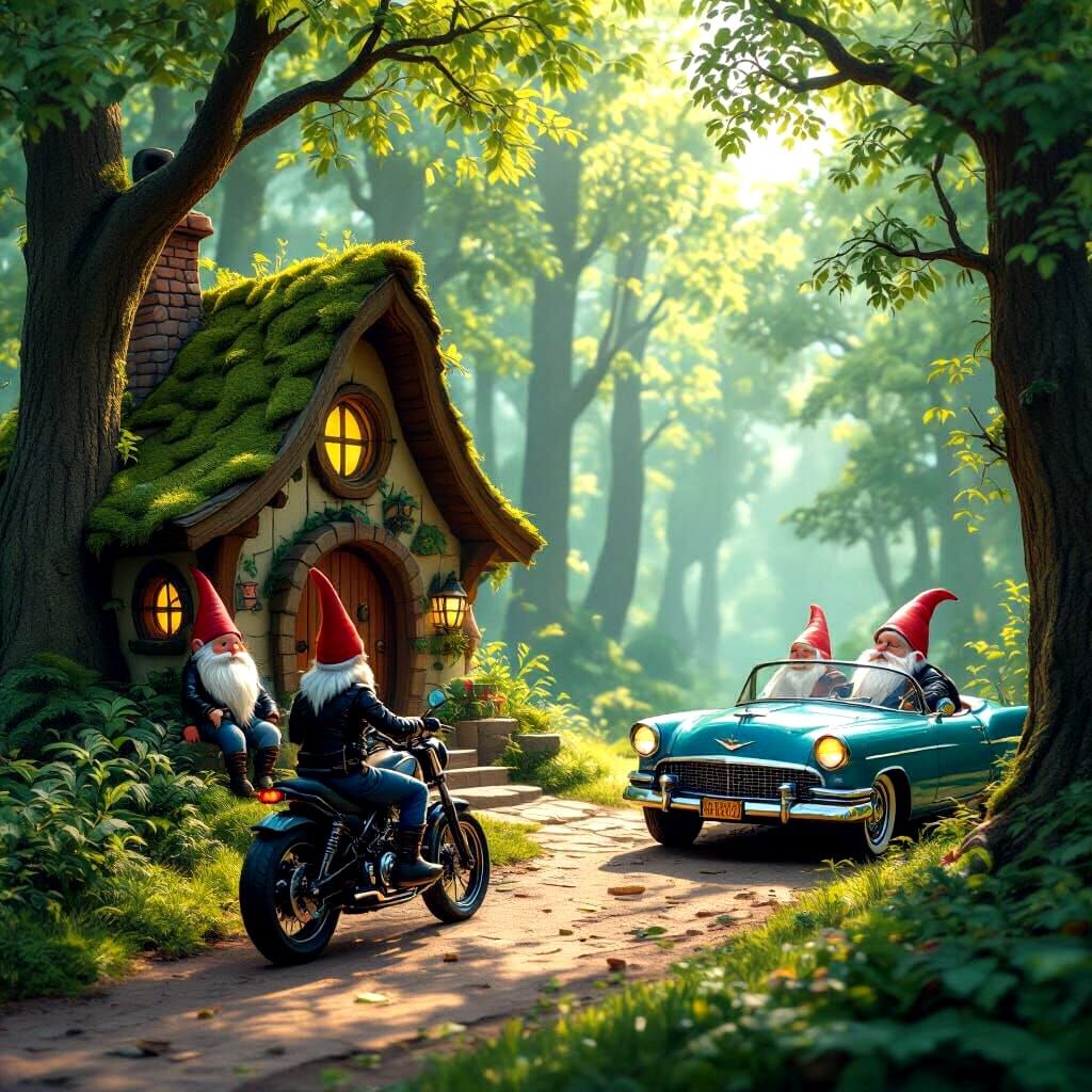 Gnome Motorcycle Adventure in Vibrant Forest