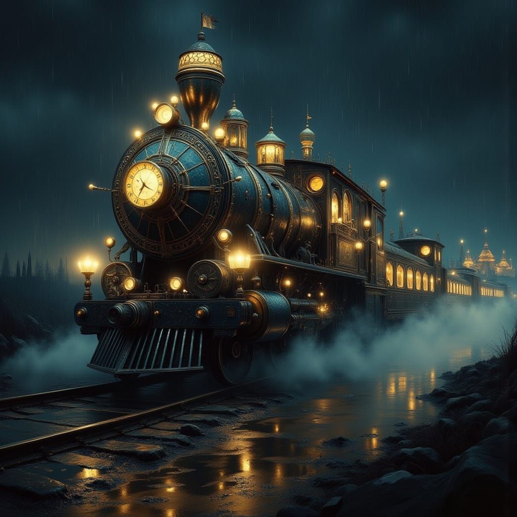 Art Deco Circus Train in Rainy Night Cinematic Scene