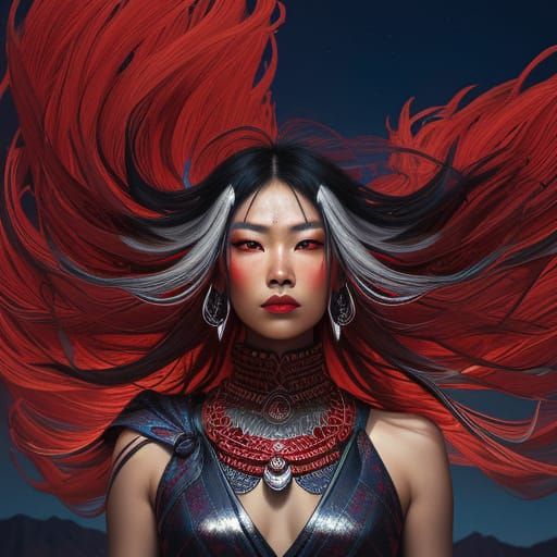 Asian Woman in Red & Silver at Burning Man