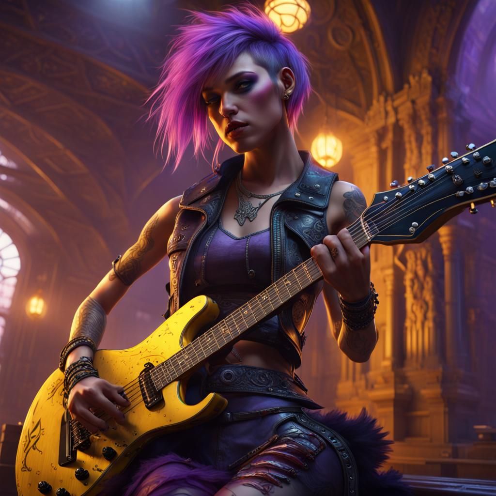 Punk Rock Girl Rocks Guitar: Dark Fantasy Art