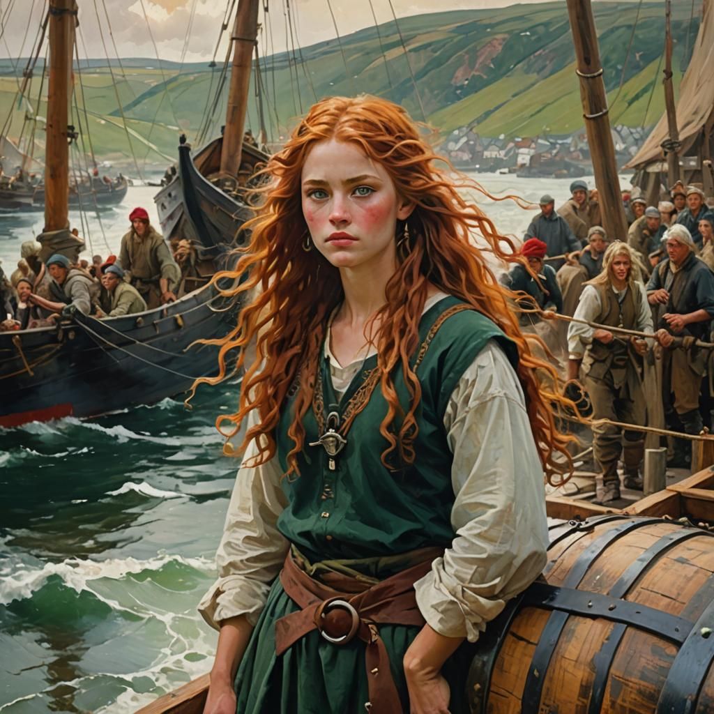 A Norse Young Girl Hauls Barrels with Her Father on a Tradit...