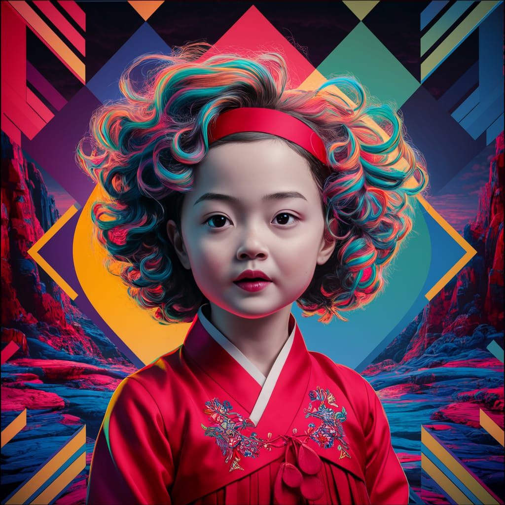 Korean Girl in Pop Art Style with Geometric Patterns
