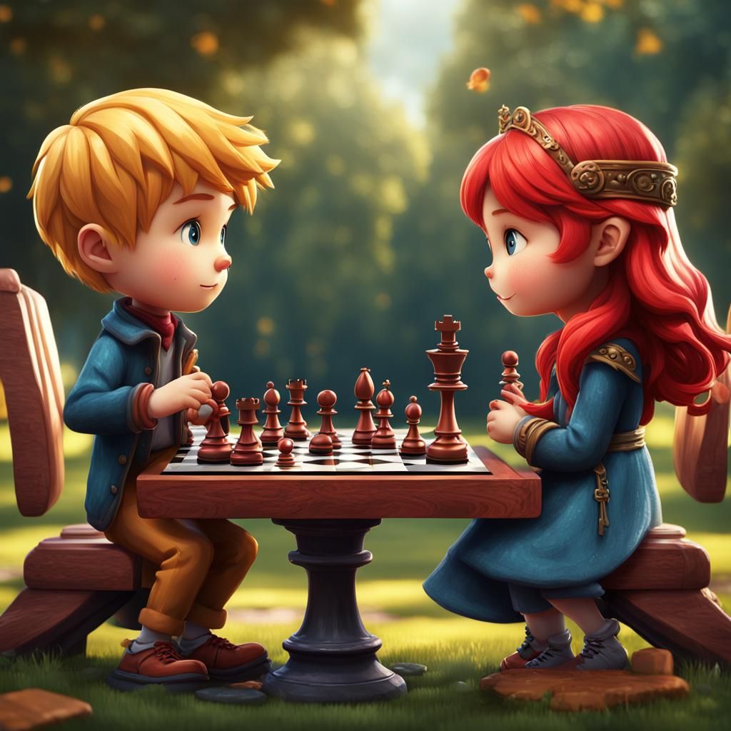 Chibi Chess Game in the Park: Detailed Matte Painting