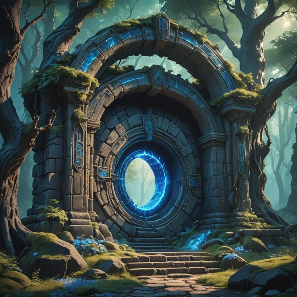 Blue Glowing Portal in a Synthwave Forest