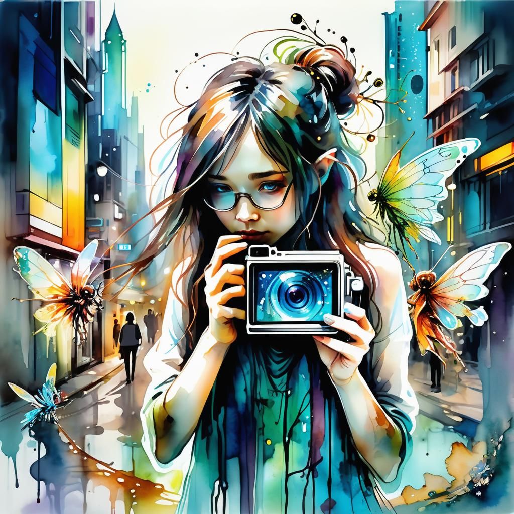Woman Captures Fairies in Futuristic City, Watercolor
