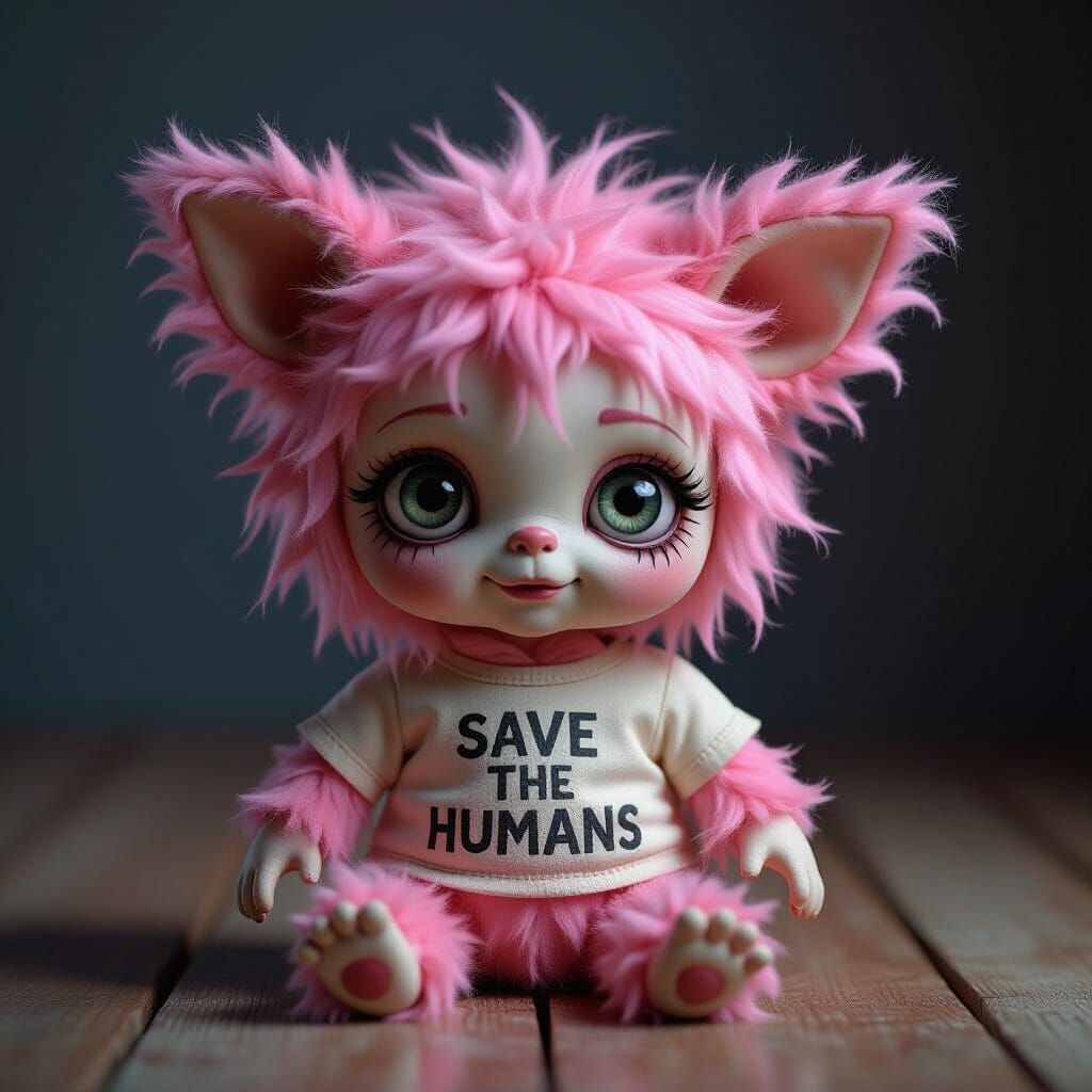 Cute Yet Unsettling Pink Monster Doll with Mismatched Eyes