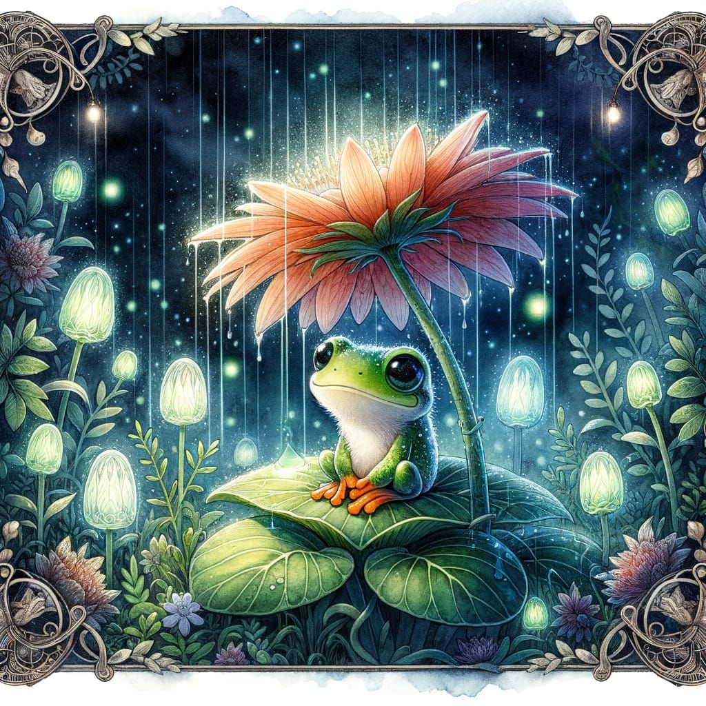 Chibi Frog Shelters Under Bioluminescent Flower