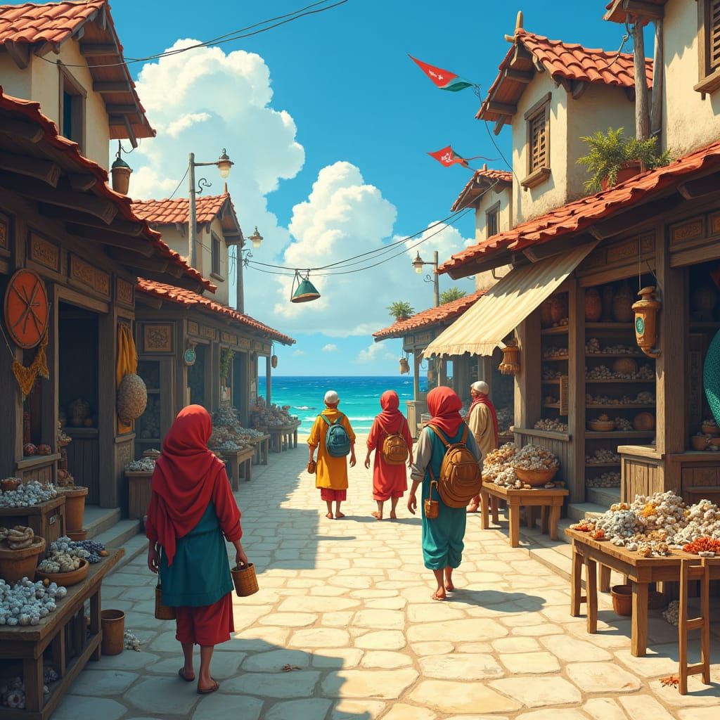 Vibrant Beach Town Market Inspired by Miyazaki