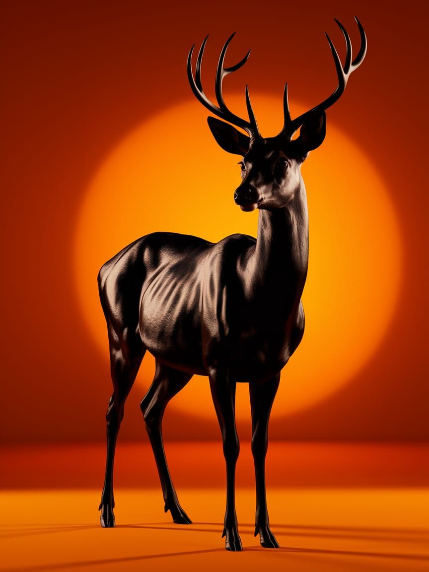 Majestic Black Deer on Orange Background: 8K Digital Art