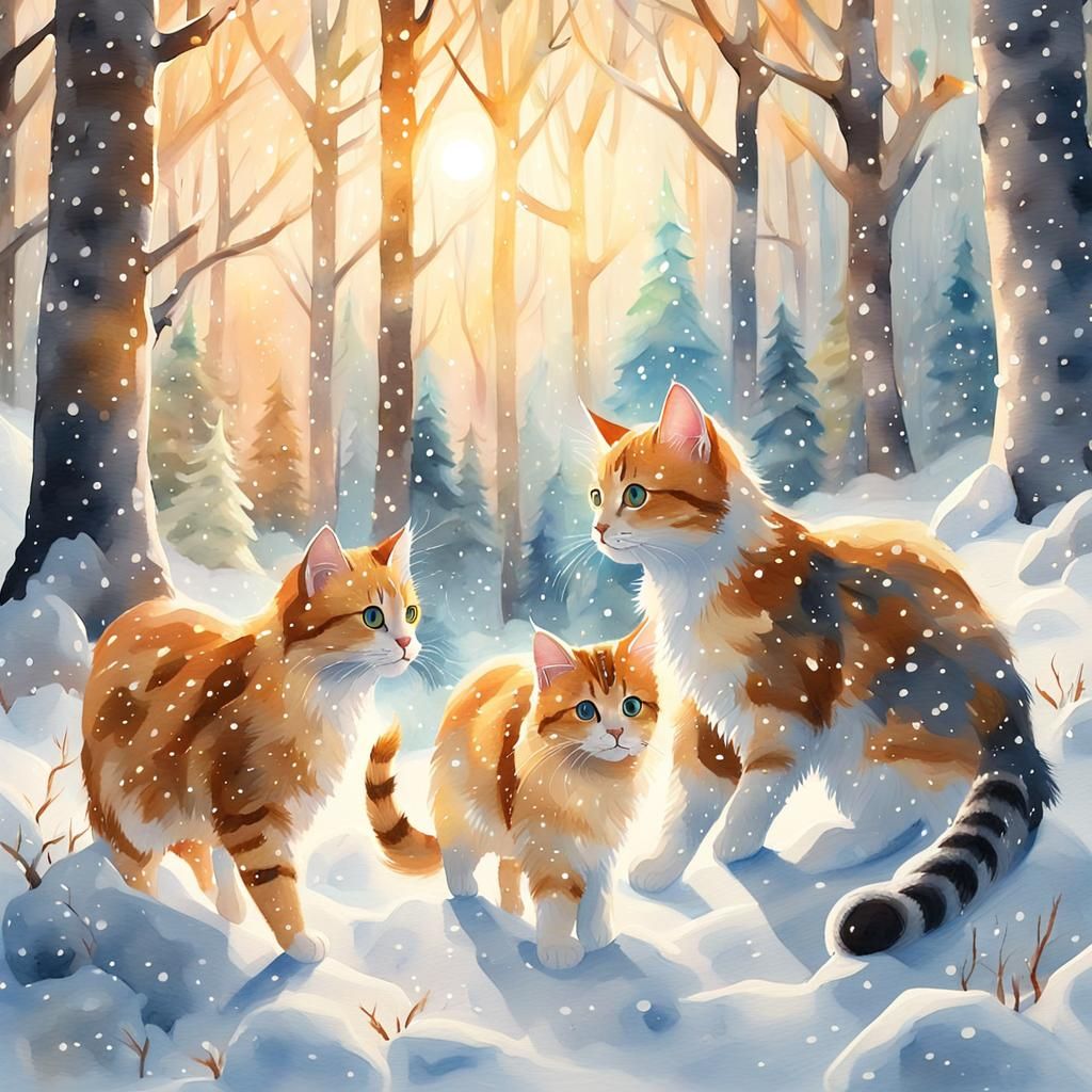 Cats Play in Winter Forest Watercolor Painting