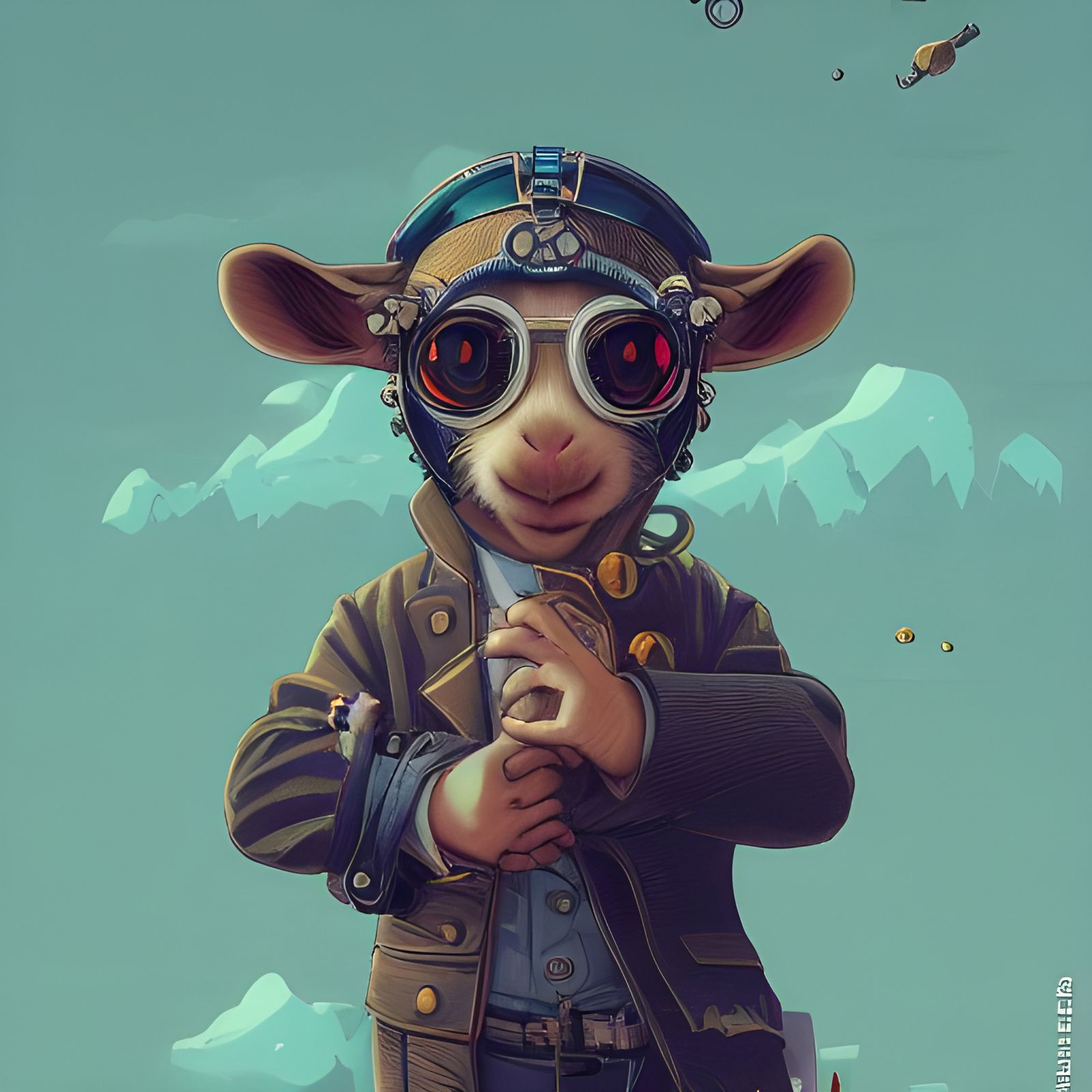 Steampunk Goat in Cyberpunk City, Digital Illustration