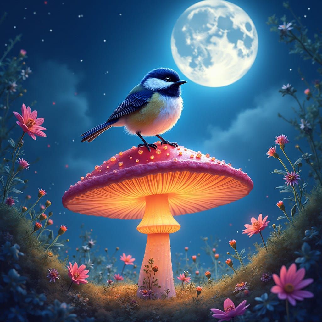 Whimsical Fantastical Chickadee in Starry Night Garden