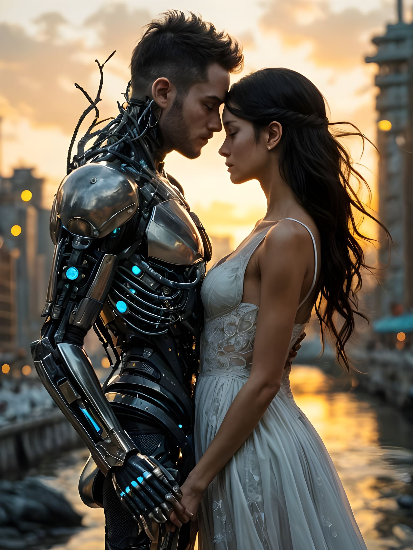 Romantic Cyborg Encounter in Dystopian Cityscape