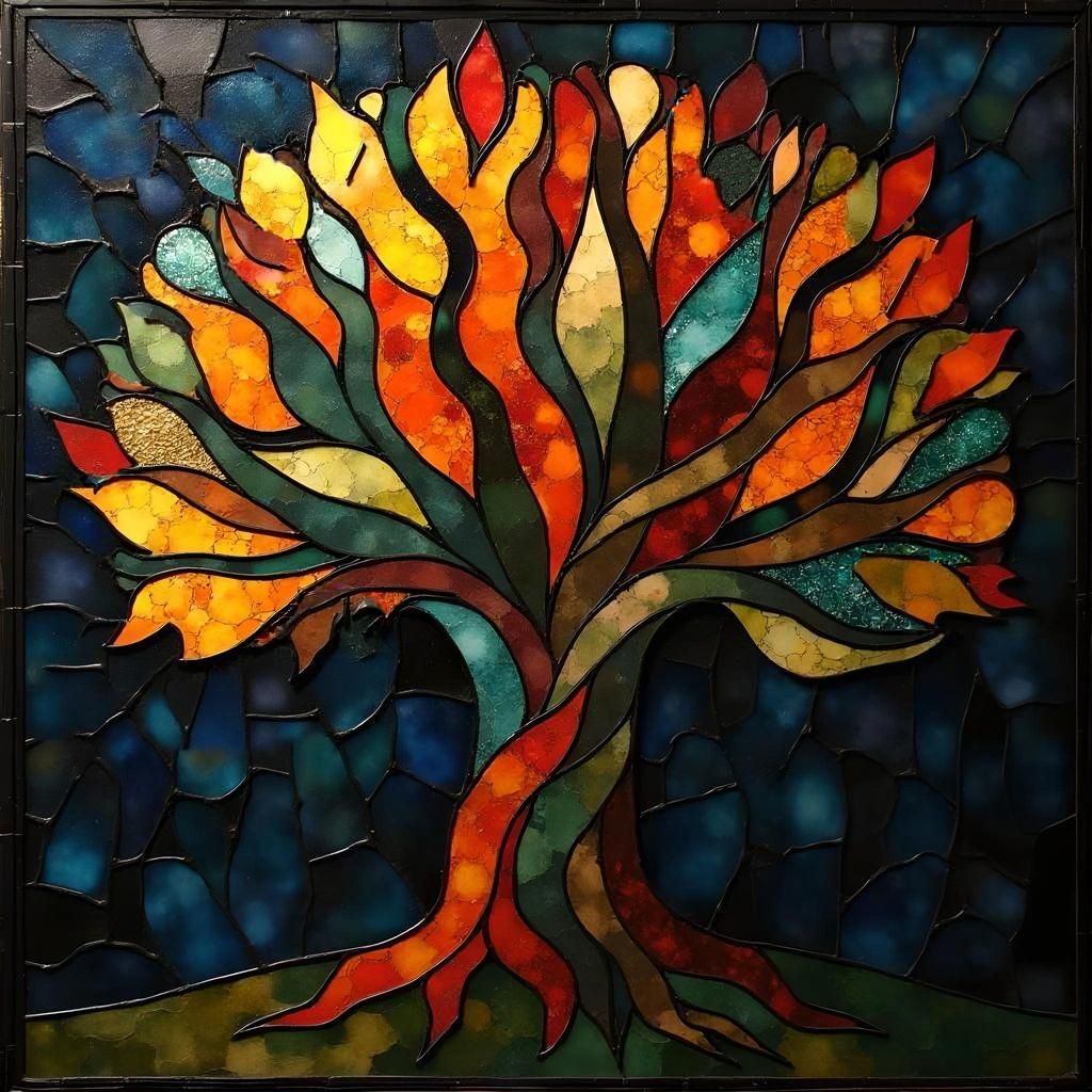 Abstract Stained Glass Tree in Cubist Style