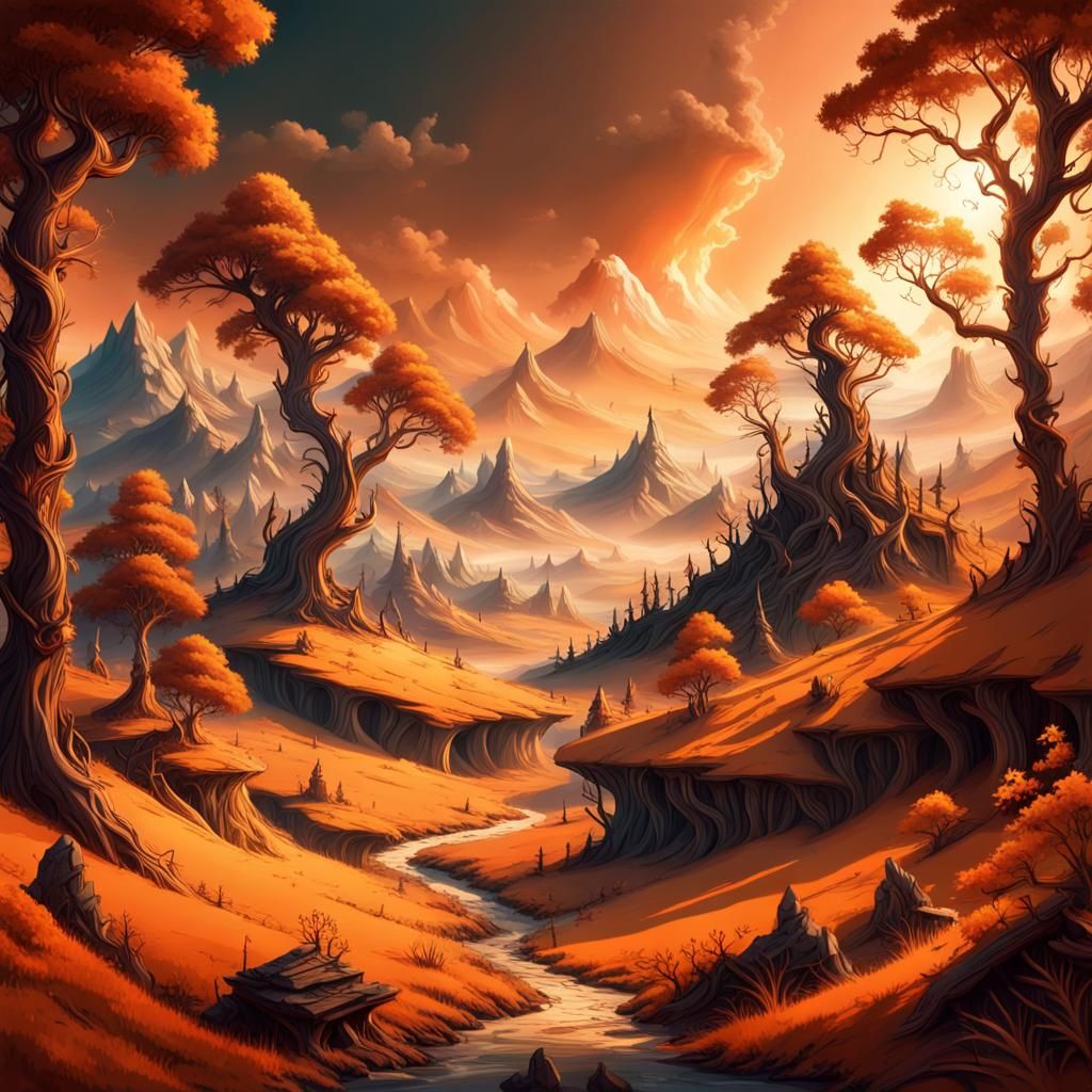 Orange Fantasy Landscape: Detailed Digital Matte Painting