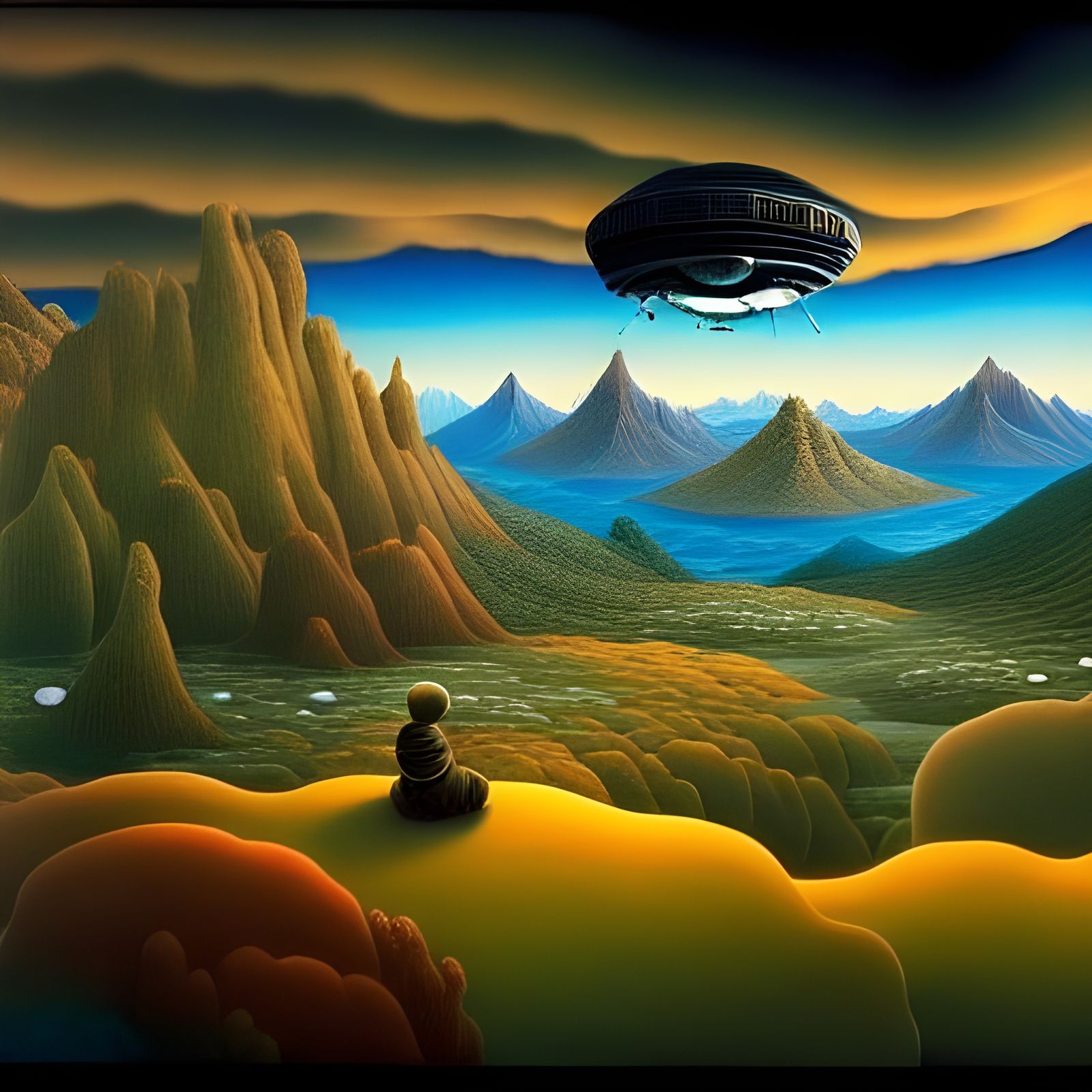Surreal Landscape with Floating TV Set in 3D Rendered Style
