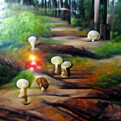 Iridescent Mushrooms Light Forest Path: Oil Painting