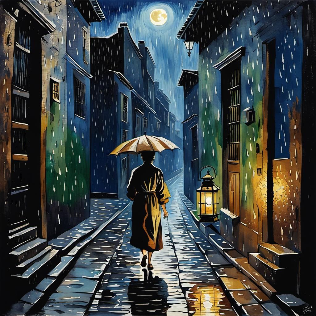 female walking down a narrow dark alleyway carrying a lantern in the pouring rain : moon shining though stormy clouds : ...