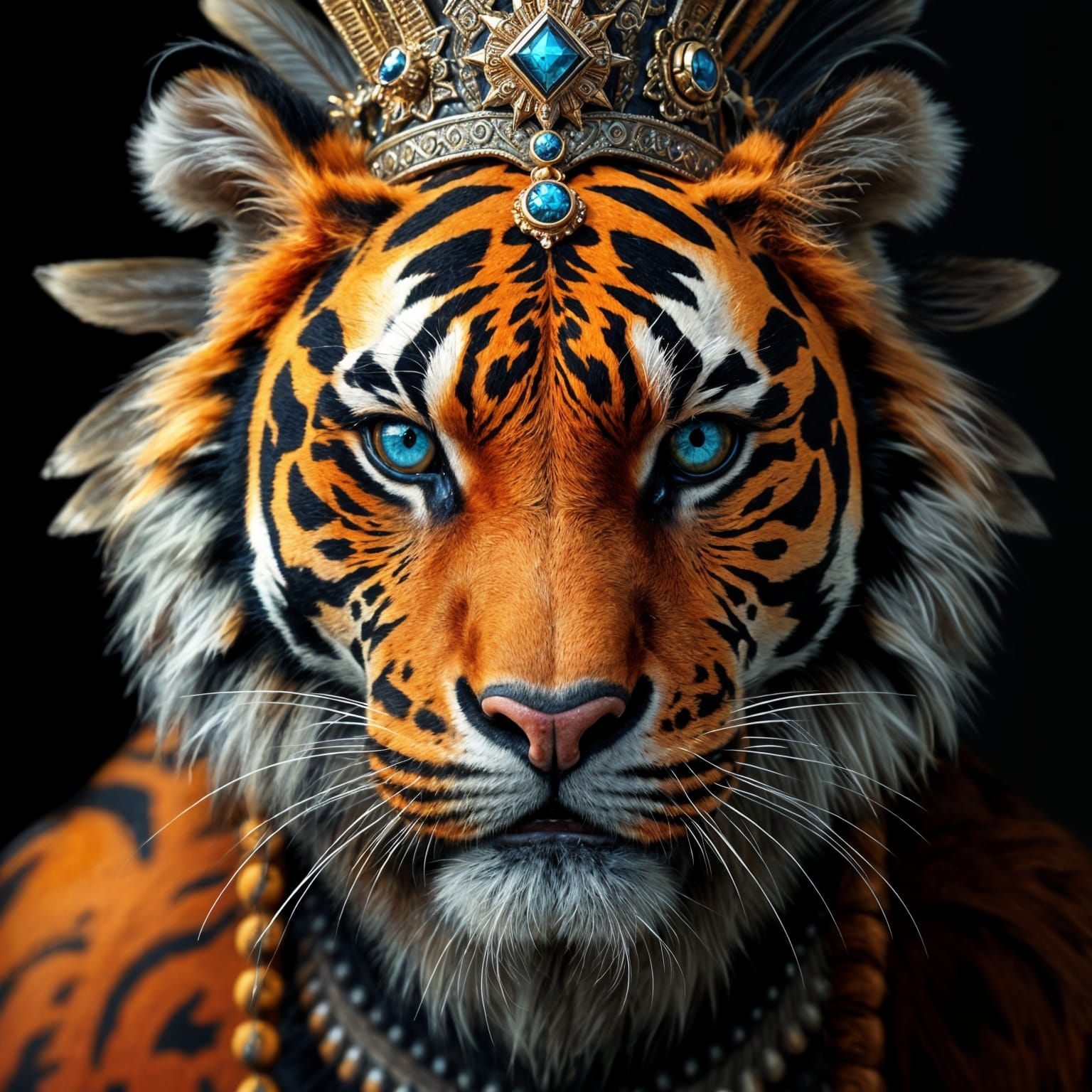 Tiger Queen with Tribal Markings and Vibrant Headdress in Hy...