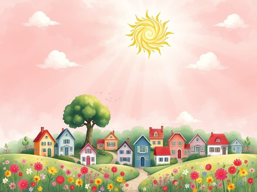 Whimsical Pastel Village with Majestic Tree and Dreamy Sky